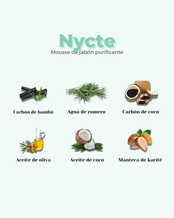 Marca: BANBU. Imagen: Mousse_facial_nycte_ingredientes.png. Mousse Facial ECO Piel Mixta y Grasa NYCTE. 100gr.