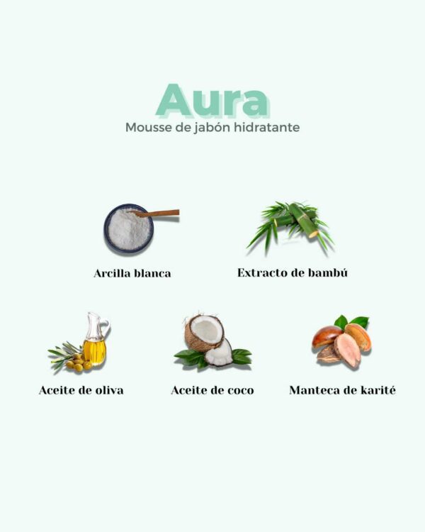 Marca: BANBU. Imagen: Mousse_limpiador_facial_Aura_ingredientes.jpg. Mousse Facial ECO Piel Normal y Seca AURA. 100gr.