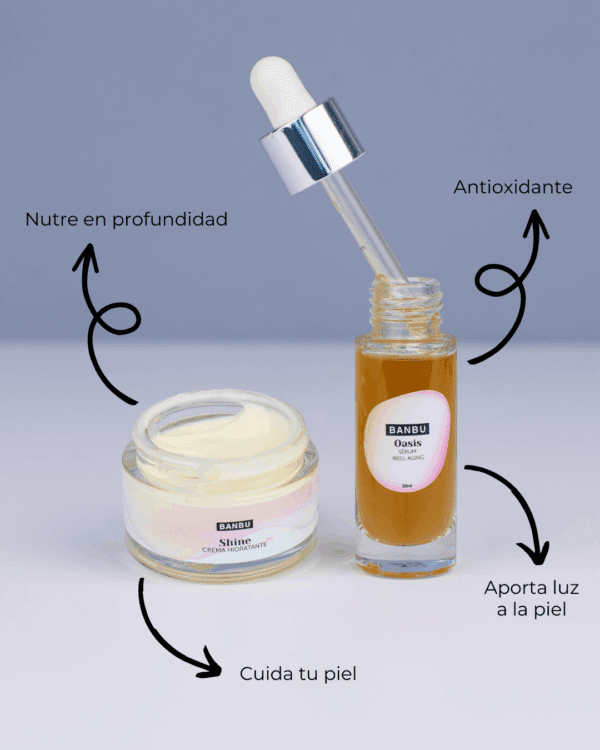 Marca: BANBU. Imagen: Pack_facial_basico_piel_seca_beneficios.png. Pack Rutina Facial BÁSICA ECO - Well Aging PIEL SECA
