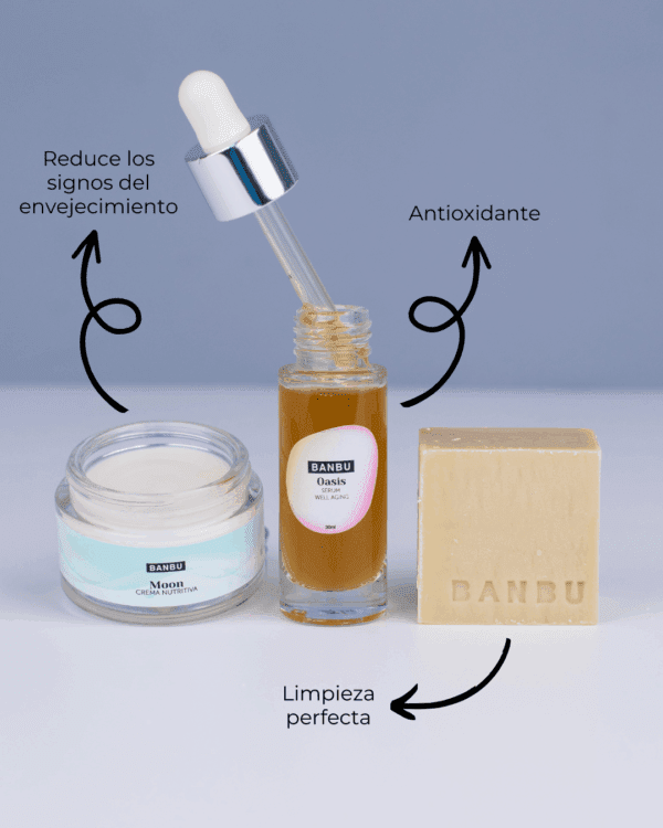 Marca: BANBU. Imagen: Pack_facial_medio_piel_madura_beneficios.png. Pack Rutina Facial MEDIA ECO - Well Aging PIEL MADURA