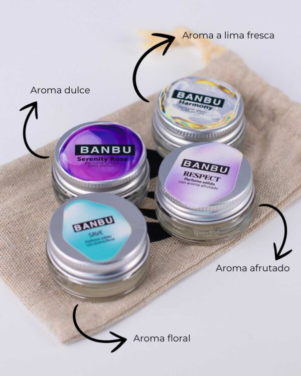 Marca: BANBU. Imagen: Pack_mini_tallas_glam_aromas.jpg. Pack Mini Tallas ECO - Glam Essence Perfumes Sólidos