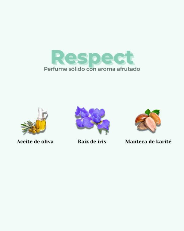 Marca: BANBU. Imagen: Perfume_solido_respect_ingredientes.jpg. Perfume Sólido ECO Afrutado RESPECT. 15ml.