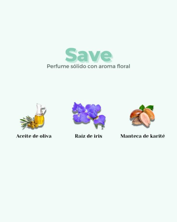 Marca: BANBU. Imagen: Perfume_solido_save_ingredientes.jpg. Perfume Sólido ECO Floral SAVE. 15ml.