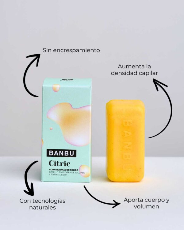 Marca: BANBU. Imagen: Producto_Beneficios2_306a5a73-72e6-49d7-aaeb-9c75ed452b2e.jpg. Acondicionador Sólido ECO Cabello Fino CITRIC. 50gr.