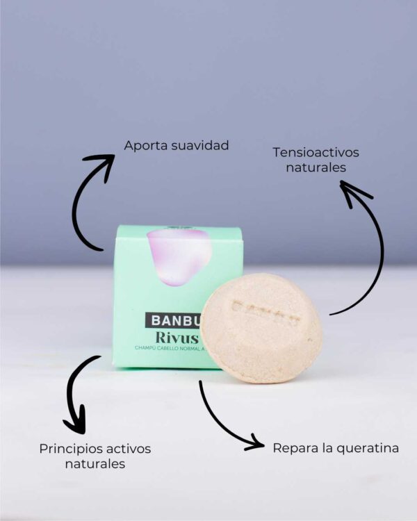 Marca: BANBU. Imagen: Producto_Beneficios2_50801c4c-3c2c-4c70-85c3-dc76ddebad7c.jpg. Champú Sólido ECO Hidratante Cabello Normal y Seco RIVUS. 75gr.