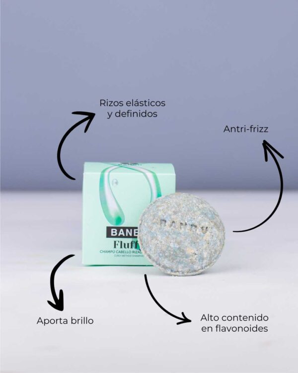 Marca: BANBU. Imagen: Producto_Beneficios2_8d9a9c87-b230-4eb5-af0b-161494c54015.jpg. Champú Sólido ECO Cabello Rizado Método Curly FLUFFY. 75gr.