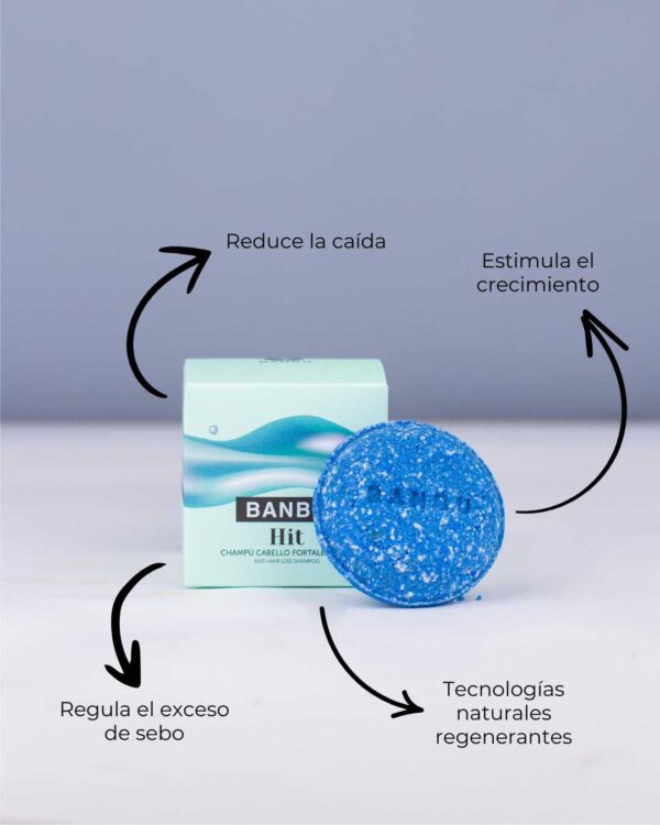 Marca: BANBU. Imagen: Producto_Beneficios2_cfd32616-ef2d-4d16-b501-6af0cd4aada8.jpg. Champú Sólido ECO Fortalecedor Anticaída HIT. 75gr.
