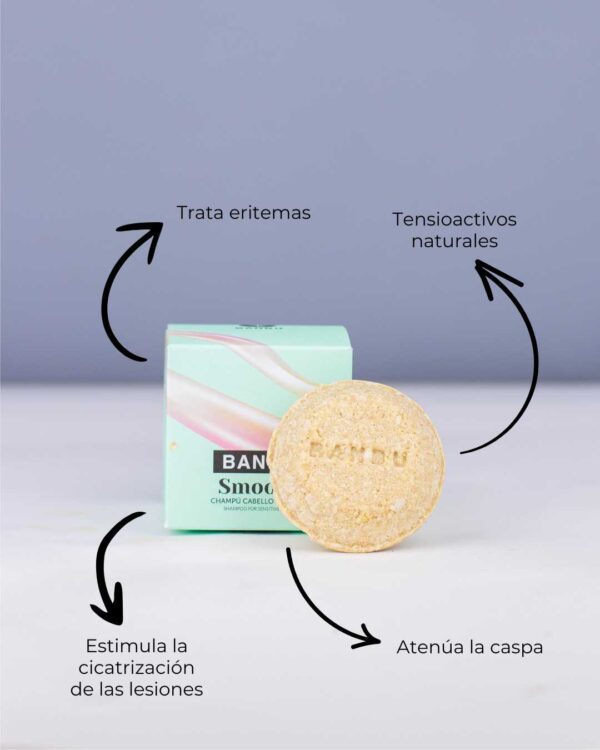Marca: BANBU. Imagen: Producto_Beneficios2_d6001374-1264-49bd-9461-34df13114ea0.jpg. Champú Sólido ECO Anticaspa Cabello Sensible SMOOTH. 75gr.