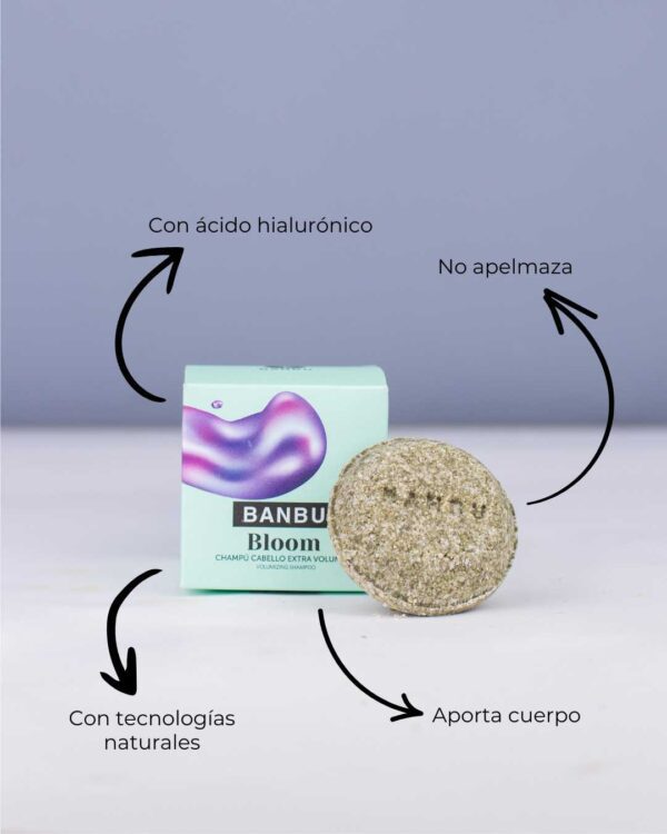 Marca: BANBU. Imagen: Producto_Beneficios2_d72b55dd-50eb-421c-ac85-519bdf68414d.jpg. Champú Sólido ECO Volumen Cabello Fino BLOOM. 75gr.