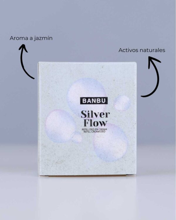 Marca: BANBU. Imagen: Refill_desodorante_crema_silver_flow_caracteristicas.jpg. Refill Desodorante Crema ECO Piel Sensible SILVER FLOW. 50ml.