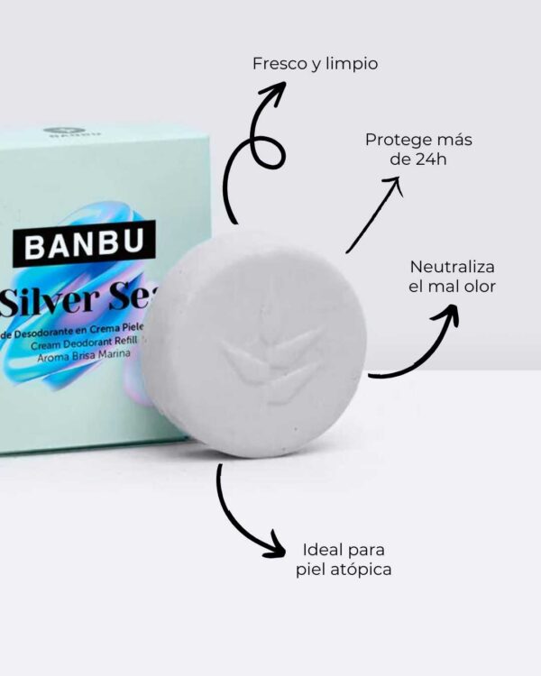Marca: BANBU. Imagen: Refill_desodorante_crema_silver_sea_beneficios.jpg. Refill Desodorante Crema ECO Piel Sensible SILVER SEA. 50ml.