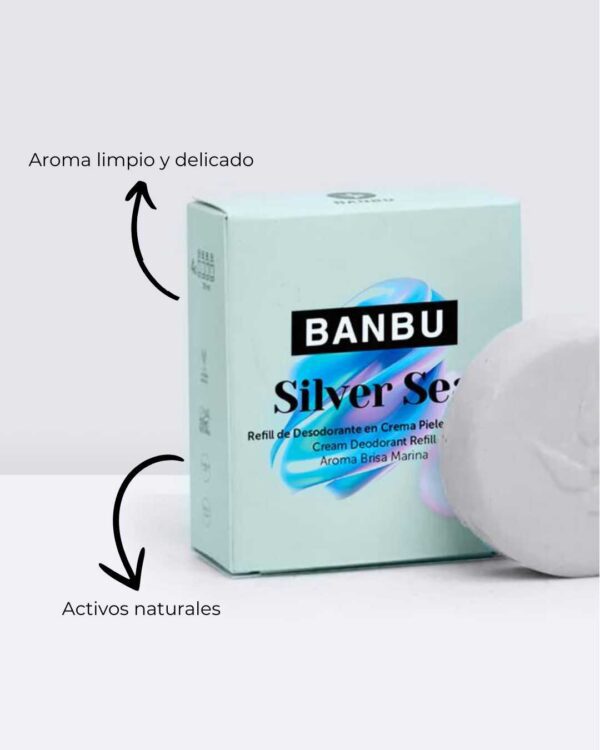 Marca: BANBU. Imagen: Refill_desodorante_crema_silver_sea_catracteristicas.jpg. Refill Desodorante Crema ECO Piel Sensible SILVER SEA. 50ml.