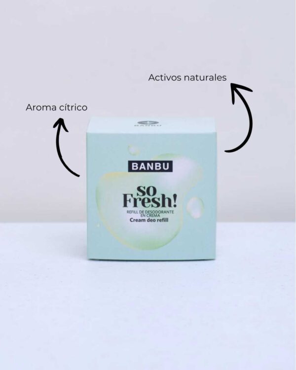Marca: BANBU. Imagen: Refill_desodorante_crema_so_fresh_caracteristicas.jpg. Refill Desodorante Crema ECO SO FRESH. 50ml.