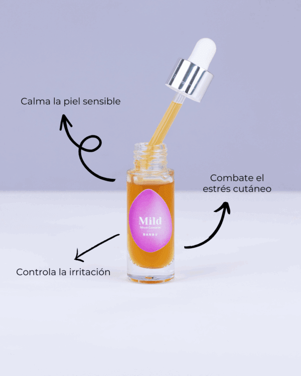 Marca: BANBU. Imagen: Serum_facial_Mild_beneficios.png. Sérum Facial ECO Calmante MILD. 30ml.