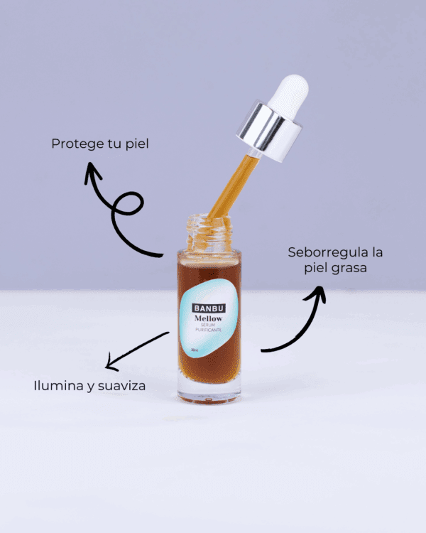 Marca: BANBU. Imagen: Serum_facial_mellow_beneficios.png. Sérum Facial ECO Purificante MELLOW. 30ml.