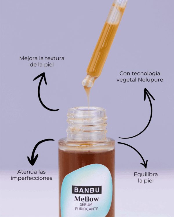 Marca: BANBU. Imagen: Serum_facial_mellow_caracteristicas.png. Sérum Facial ECO Purificante MELLOW. 30ml.