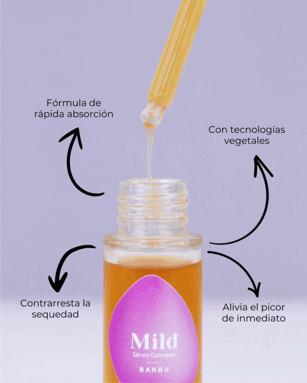 Marca: BANBU. Imagen: Serum_facial_mid_piel_sensible_caracteristicas.png. Sérum Facial ECO Calmante MILD. 30ml.