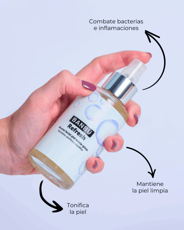 Marca: BANBU. Imagen: T_nico_facial_refresh_beneficios.png. Tónico para Pieles Grasas REFRESH. 100ml.