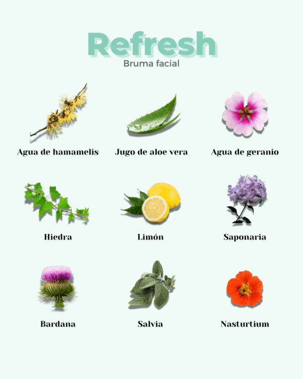 Marca: BANBU. Imagen: Tonico_facial_Refresh_ingredientes.png. Tónico para Pieles Grasas REFRESH. 100ml.