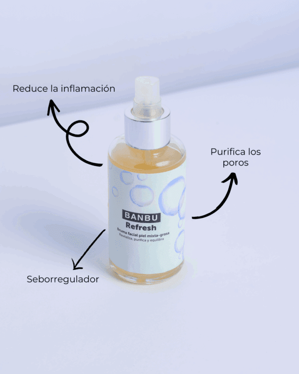 Marca: BANBU. Imagen: Tonico_facial_refresh_beneficios.png. Tónico para Pieles Grasas REFRESH. 100ml.