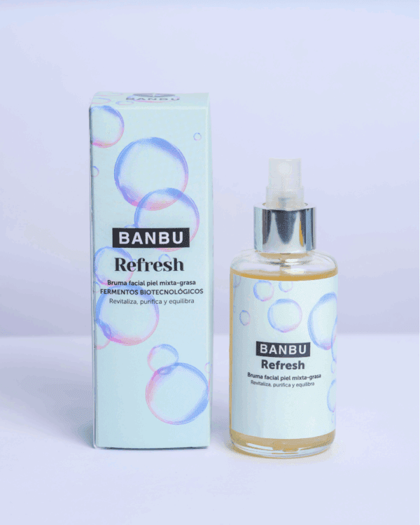 Marca: BANBU. Imagen: Tonico_facial_refresh_packaging.png. Tónico para Pieles Grasas REFRESH. 100ml.