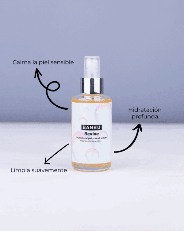 Marca: BANBU. Imagen: Tonico_facial_revive_beneficios.png. Tónico para Pieles Secas y Sensibles REVIVE. 100ml.