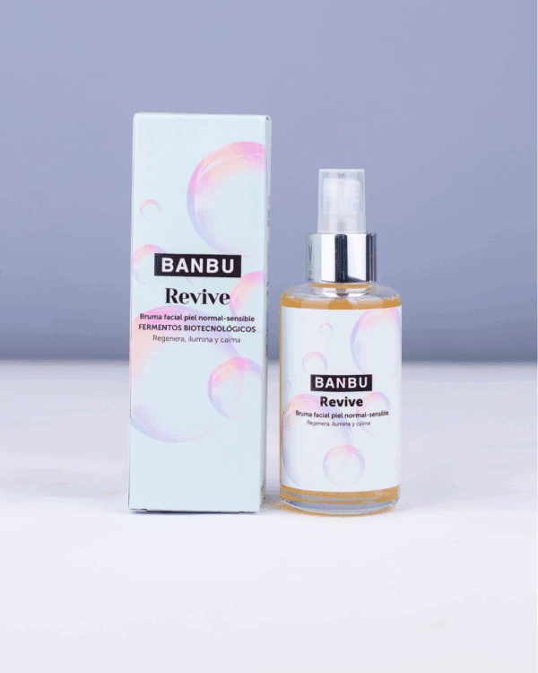 Marca: BANBU. Imagen: Tonico_facial_revive_pakaging.png. Tónico para Pieles Secas y Sensibles REVIVE. 100ml.