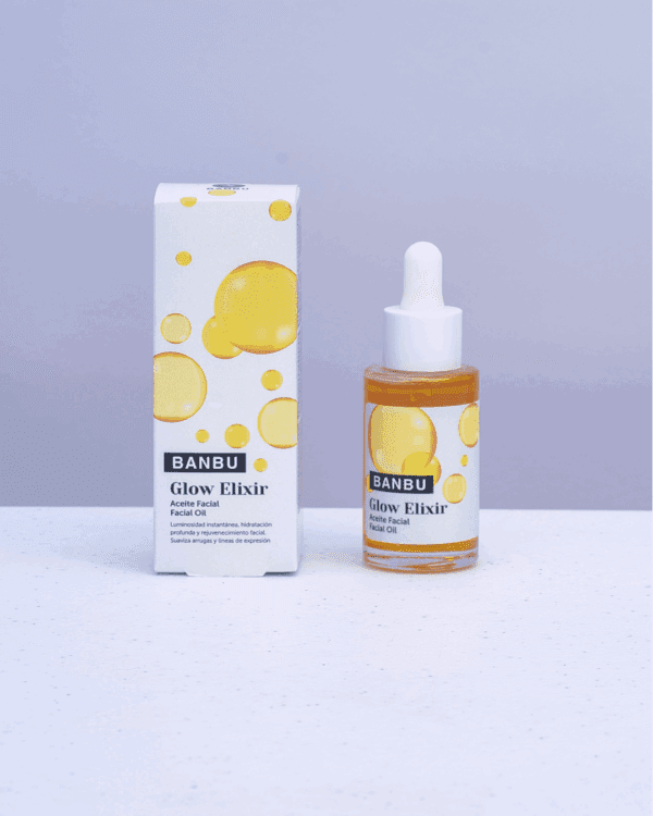 Marca: BANBU. Imagen: aceite_facial_glow_elixir_packaging.png. Sérum Aceite Facial ECO Iluminador GLOW ELIXIR