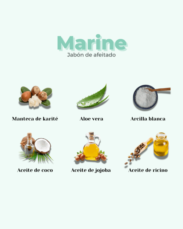 Marca: BANBU. Imagen: jabon_de_afeitado_marine_ingredientes.png. Jabón de Afeitado ECO MARINE. 80gr.