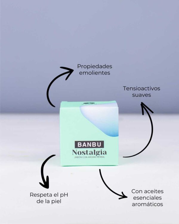 Marca: BANBU. Imagen: jabon_de_ducha_nostalgia_caracteristicas.jpg. Jabón de Ducha Sólido ECO Silvestre NOSTALGIA. 100gr.