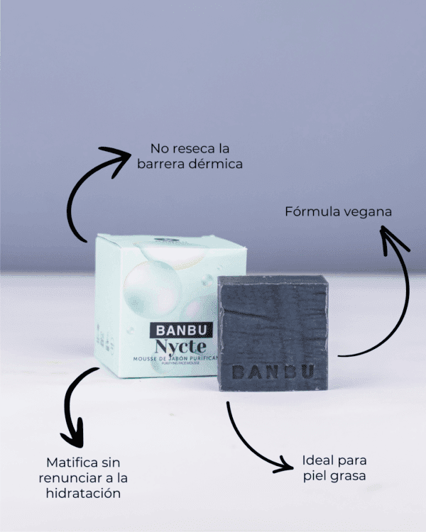 Marca: BANBU. Imagen: mousse_limpiador_Nycte_beneficios.png. Mousse Facial ECO Piel Mixta y Grasa NYCTE. 100gr.