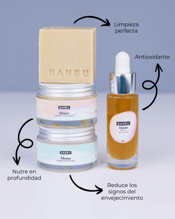 Marca: BANBU. Imagen: pack_facial_piel_seca_beneficios.png. Pack Rutina Facial COMPLETA ECO - Well Aging PIEL SECA