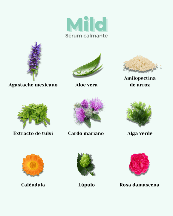 Marca: BANBU. Imagen: serum_facial_mild_ingredientes.png. Sérum Facial ECO Calmante MILD. 30ml.
